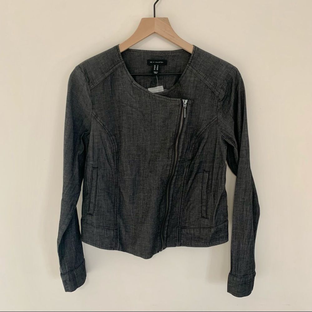 NEW H by Halston Grey Chambray Lightweight Moto Jacket, 6